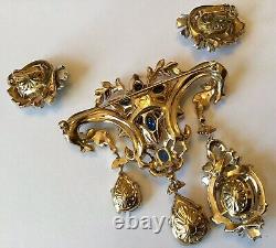 Rare Crown Trifari Signed Empress Sapphire Blue Rhinestone Brooch & Earrings