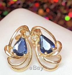 Rare Vintage Estate 14k Gold Genuine London Blue Topaz Diamond Earrings Signed