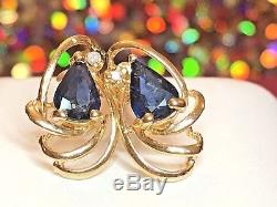 Rare Vintage Estate 14k Gold Genuine London Blue Topaz Diamond Earrings Signed
