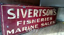 Rare Vintage Neon Porcelain Fishing Sign Marine Sales Boat Motor Gas Oil 2 Cycle