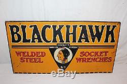 Rare Vintage c. 1930 Blackhawk Tools Gas Oil 23 Metal Oil Sign WithIndian