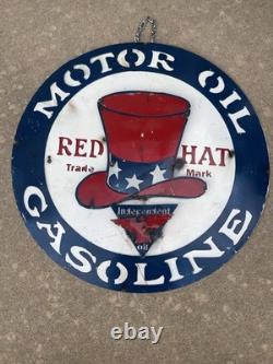 Red Hat Gas Motor Oil Vintage Mechanic Round Metal Tin Sign, 24