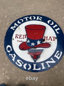Red Hat Gas Motor Oil Vintage Mechanic Round Metal Tin Sign, 24