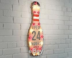 Rustic Vintage Metal OPEN 24 HOURS Bowling Ball Alley Pin Marquee Light Up Sign