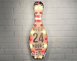 Rustic Vintage Metal OPEN 24 HOURS Bowling Ball Alley Pin Marquee Light Up Sign
