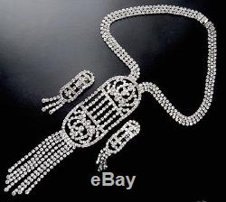SCHIAPARELLI SIGNED Crystal Rhinestone Silver Vtg Art Deco Necklace Earring Set