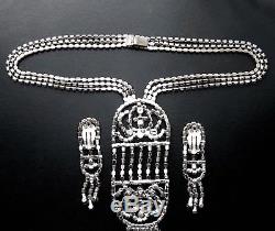 SCHIAPARELLI SIGNED Crystal Rhinestone Silver Vtg Art Deco Necklace Earring Set