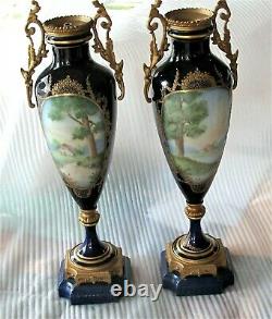 Sevres Porcelain Vase Urn Royal Blue Bronze Ormolu Artist Signed Antique 1880's