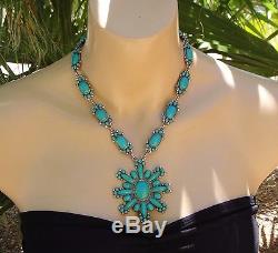 Signed TEAL Turquoise CLUSTER Petit Point NAVAJO Vintage SQUASH BLOSSOM Necklace