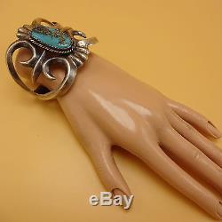 Signed Vintage NAVAJO Heavy Sand Cast Sterling Silver & TURQUOISE Cuff BRACELET
