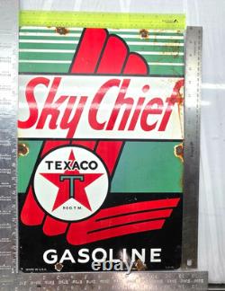 TEXACO SKY CHIEF 18 GENUINE VINTAGE FLT Gas Pump Service Station Porcelain Sign