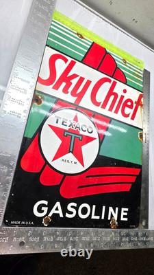TEXACO SKY CHIEF 18 GENUINE VINTAGE FLT Gas Pump Service Station Porcelain Sign