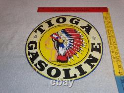VINTAGE 11 3/4 in TIOGA GASOLINE INDIAN CHIEF PORCELAIN METAL KANSAS OIL SIGN