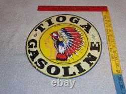 VINTAGE 11 3/4 in TIOGA GASOLINE INDIAN CHIEF PORCELAIN METAL KANSAS OIL SIGN