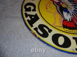 VINTAGE 11 3/4 in TIOGA GASOLINE INDIAN CHIEF PORCELAIN METAL KANSAS OIL SIGN