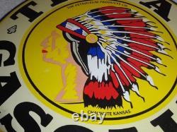 VINTAGE 11 3/4 in TIOGA GASOLINE INDIAN CHIEF PORCELAIN METAL KANSAS OIL SIGN