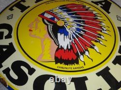 VINTAGE 11 3/4 in TIOGA GASOLINE INDIAN CHIEF PORCELAIN METAL KANSAS OIL SIGN