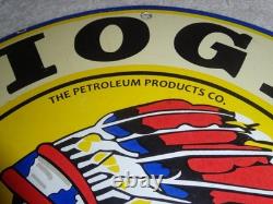 VINTAGE 11 3/4 in TIOGA GASOLINE INDIAN CHIEF PORCELAIN METAL KANSAS OIL SIGN