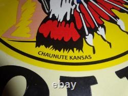 VINTAGE 11 3/4 in TIOGA GASOLINE INDIAN CHIEF PORCELAIN METAL KANSAS OIL SIGN