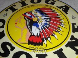 VINTAGE 11 3/4 in TIOGA GASOLINE INDIAN CHIEF PORCELAIN METAL KANSAS OIL SIGN
