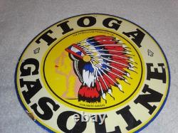 VINTAGE 11 3/4 in TIOGA GASOLINE INDIAN CHIEF PORCELAIN METAL KANSAS OIL SIGN