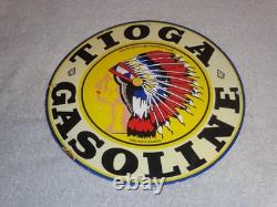 VINTAGE 11 3/4 in TIOGA GASOLINE INDIAN CHIEF PORCELAIN METAL KANSAS OIL SIGN