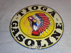 VINTAGE 11 3/4 in TIOGA GASOLINE INDIAN CHIEF PORCELAIN METAL KANSAS OIL SIGN