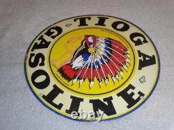 VINTAGE 11 3/4 in TIOGA GASOLINE INDIAN CHIEF PORCELAIN METAL KANSAS OIL SIGN