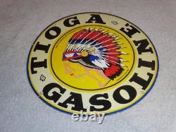 VINTAGE 11 3/4 in TIOGA GASOLINE INDIAN CHIEF PORCELAIN METAL KANSAS OIL SIGN