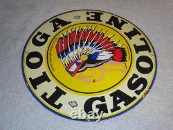VINTAGE 11 3/4 in TIOGA GASOLINE INDIAN CHIEF PORCELAIN METAL KANSAS OIL SIGN