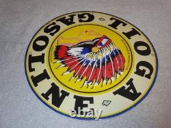 VINTAGE 11 3/4 in TIOGA GASOLINE INDIAN CHIEF PORCELAIN METAL KANSAS OIL SIGN