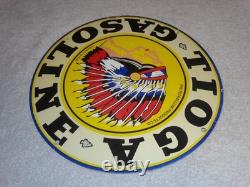VINTAGE 11 3/4 in TIOGA GASOLINE INDIAN CHIEF PORCELAIN METAL KANSAS OIL SIGN