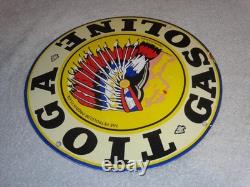 VINTAGE 11 3/4 in TIOGA GASOLINE INDIAN CHIEF PORCELAIN METAL KANSAS OIL SIGN