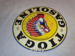 VINTAGE 11 3/4 in TIOGA GASOLINE INDIAN CHIEF PORCELAIN METAL KANSAS OIL SIGN