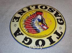 VINTAGE 11 3/4 in TIOGA GASOLINE INDIAN CHIEF PORCELAIN METAL KANSAS OIL SIGN