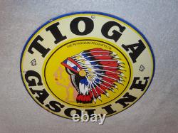 VINTAGE 11 3/4 in TIOGA GASOLINE INDIAN CHIEF PORCELAIN METAL KANSAS OIL SIGN