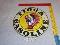 VINTAGE 11 3/4 in TIOGA GASOLINE INDIAN CHIEF PORCELAIN METAL KANSAS OIL SIGN