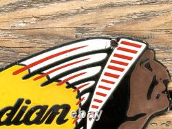 VINTAGE 12x4.5 INDIAN MOTORCYCLE SALES & SERVICE GASOLINE PORCELAIN OIL SIGN