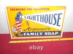 VINTAGE 13x8 in LIGHTHOUSE ARMOUR`S FAMILY SOAP ADV SIGN METAL PORCELAIN S230B