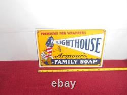 VINTAGE 13x8 in LIGHTHOUSE ARMOUR`S FAMILY SOAP ADV SIGN METAL PORCELAIN S230B