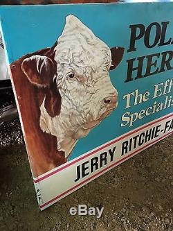 VINTAGE 1960-70's POLLED HEREFORD DEALER COW BULL FARM BARN 5' METAL SIGN RARE