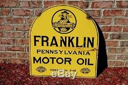 VINTAGE 20's FRANKLIN MOTOR OIL ORIGINAL 2-SIDED PORCELAIN SIGN With BEN FRANKLIN