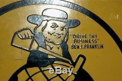 VINTAGE 20's FRANKLIN MOTOR OIL ORIGINAL 2-SIDED PORCELAIN SIGN With BEN FRANKLIN