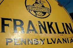 VINTAGE 20's FRANKLIN MOTOR OIL ORIGINAL 2-SIDED PORCELAIN SIGN With BEN FRANKLIN