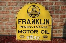 VINTAGE 20's FRANKLIN MOTOR OIL ORIGINAL 2-SIDED PORCELAIN SIGN With BEN FRANKLIN