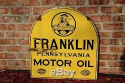 VINTAGE 20's FRANKLIN MOTOR OIL ORIGINAL 2-SIDED PORCELAIN SIGN With BEN FRANKLIN