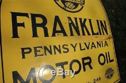 VINTAGE 20's FRANKLIN MOTOR OIL ORIGINAL 2-SIDED PORCELAIN SIGN With BEN FRANKLIN