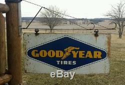 VINTAGE 2 SIDED GOODYEAR TIRES SIGN WITH MOUNTING BRACKET