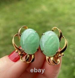 VINTAGE ANTIQUE LARGE JADE 14K GOLD SCREW BACK STUD EARRINGS Signed CJ