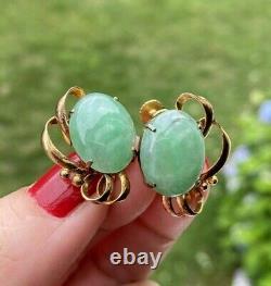 VINTAGE ANTIQUE LARGE JADE 14K GOLD SCREW BACK STUD EARRINGS Signed CJ